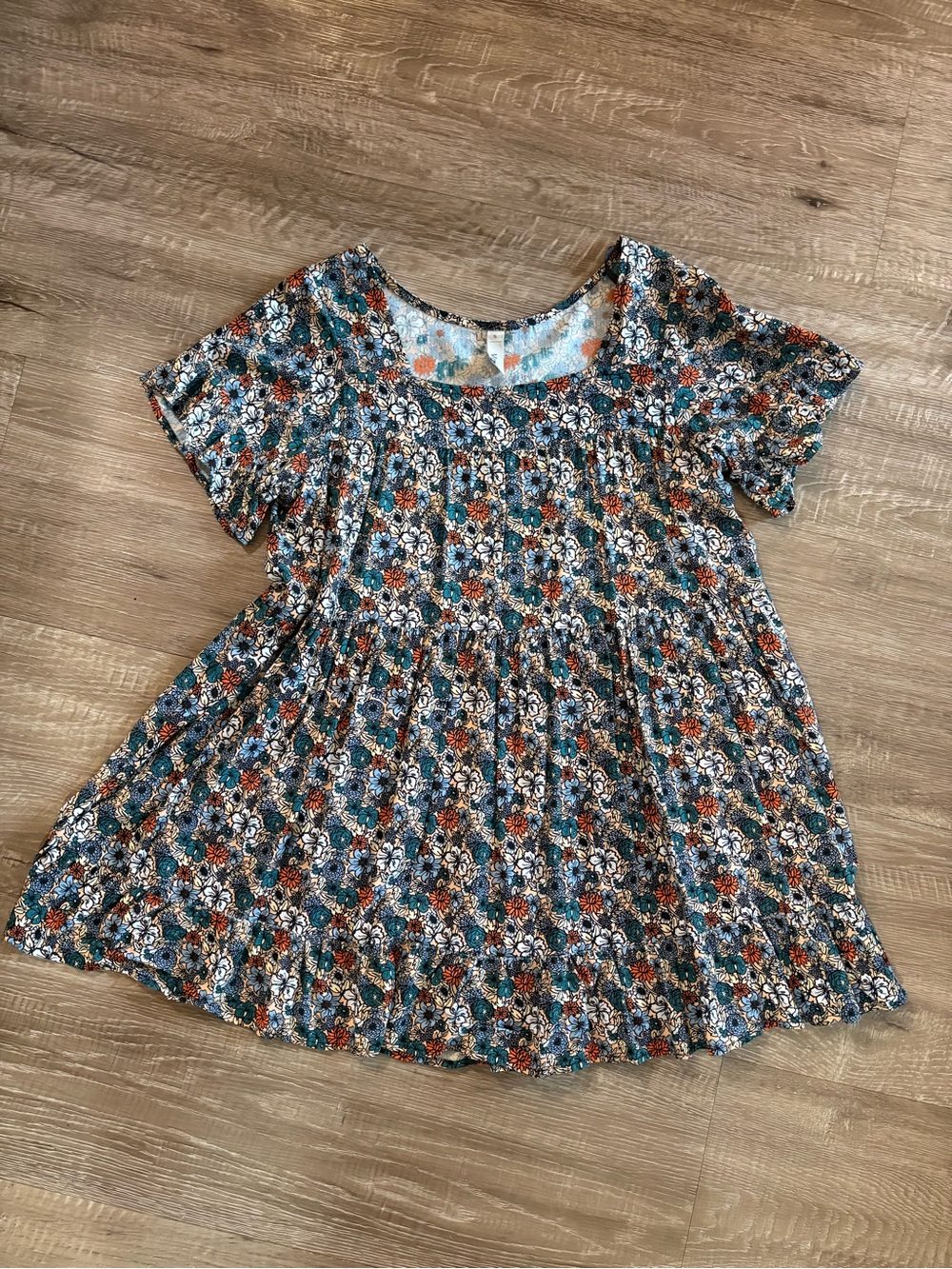 Floral Short Sleeve Mini Dress in Teal & Rust